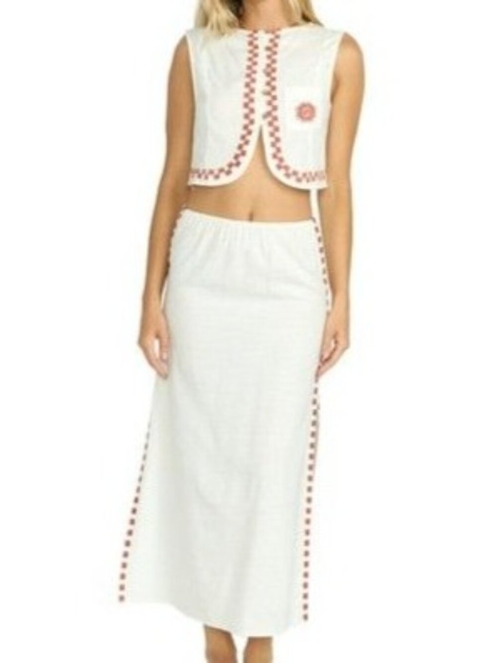 Billabong Secret Cove White Sleeveless Embroidered 2-Piece Set Cropped Top Skirt